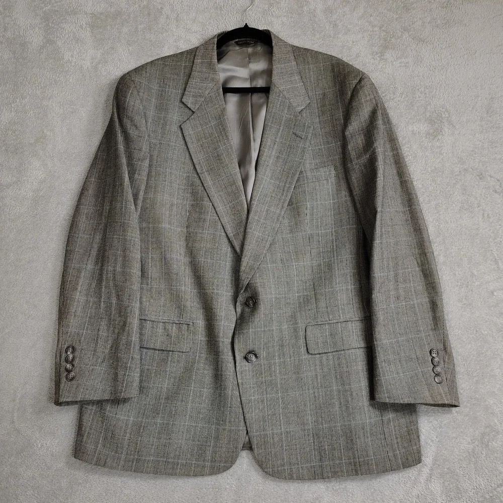 Austin Reed Gray Windowpane Plaid Sport Coat Blazer‎ 44R Worsted Wool Neutral